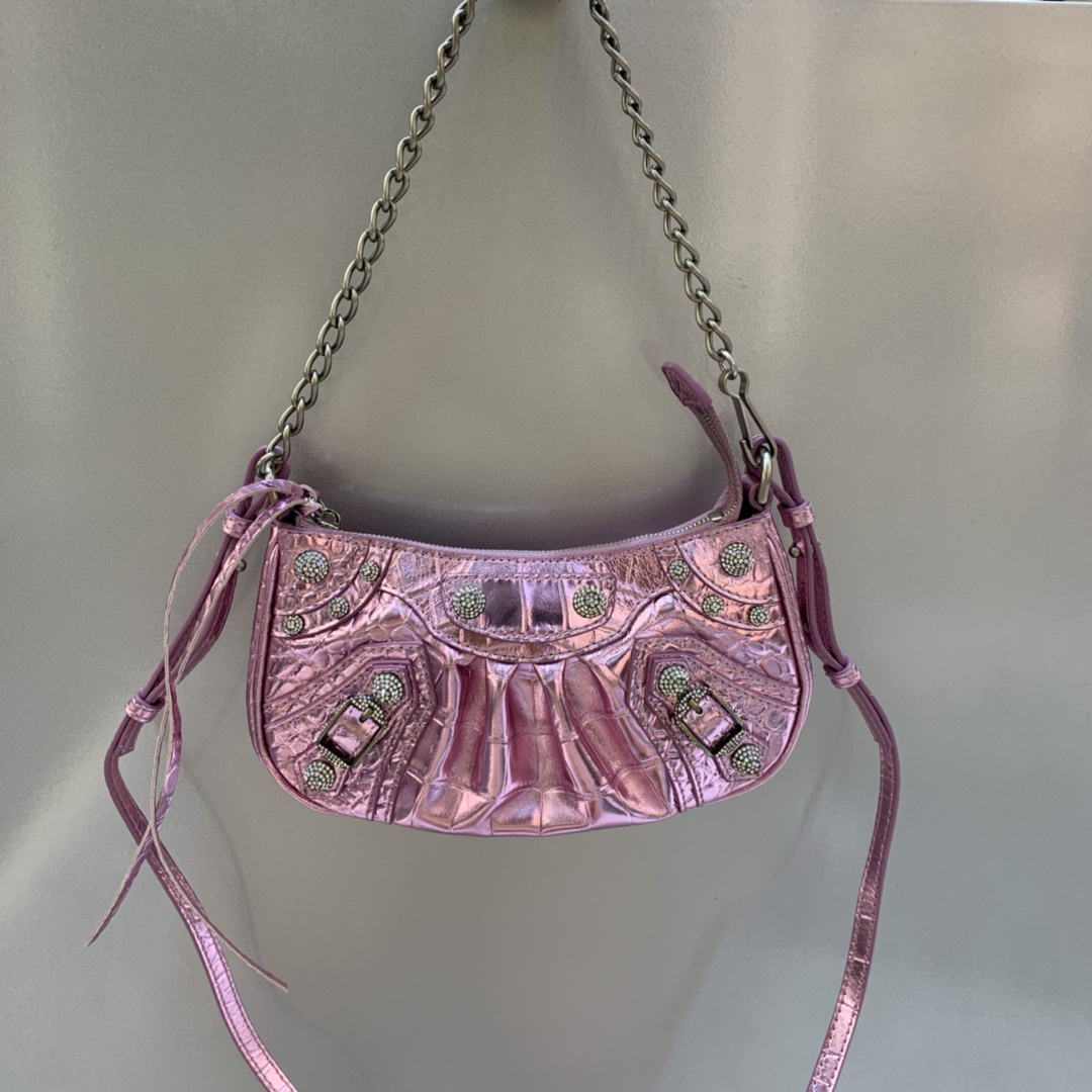 Balenciaga Le Cagole Mini Bag With Chain Crocodile Embossed Rhinestones Shoulder Bag Purple 